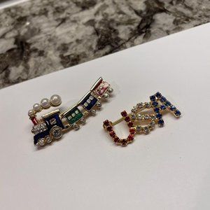 Lot Of 2 Brooch Pins Gold Tone / Rhinestone - 1 Steam Train / U.S.A.